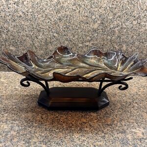 Brown Art Glass Leaf Sculpture Bowl Unmarked Centerpiece With Stand China Decor